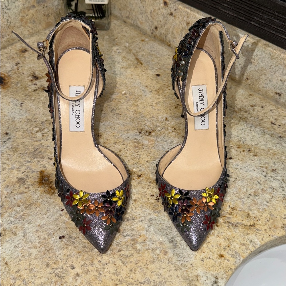 Jimmy Choo Floral Embellished Lorelai glitter heels 38.5 - Picture 7 of 17